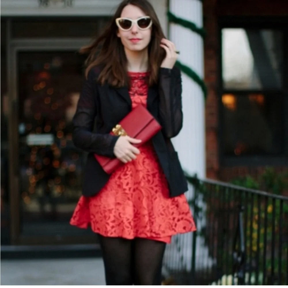 Free People‎ Lace Dreamer Dress Red black Embroidered Boho short sleeve